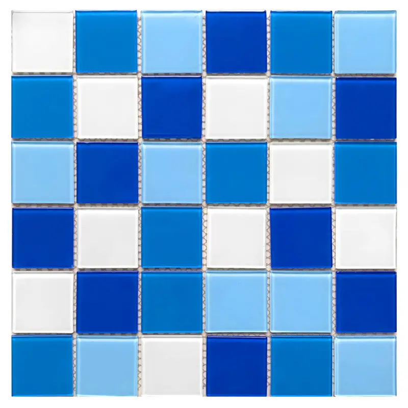 Azulejos de piscina de cristal Gaoming, mosaico de vidrio con certificado Ce, azulejo de mosaico, baño, inodoro, vidrio contra salpicaduras azul para mosaico