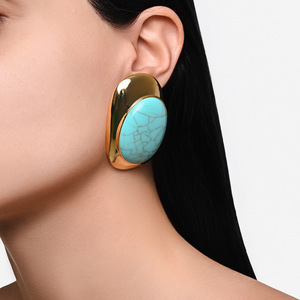 Geometric <b>Turquoise</b> <b>Stud</b> <b>Earrings</b> Gold Plated Stainless Steel Bezel Setting Everyday Wear Jewelry - Product Image 2