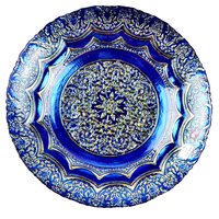 Vente en gros de plat en verre décoratif bleu or de 40 cm, peint à la main, motif orné, plateau à fruits en verre pour la décoration de la table à la maison