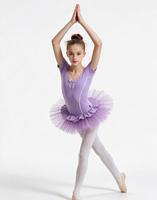 Robe de tutu de ballet à manches courtes pour filles, en spandex, avec nœud violet, bordure en strass, tulle à pois, costume de danse de scène pour enfants