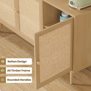 Buffet avec 3 portes en rotin, console de rangement moderne pour entrée, salon, grand modèle naturel - Product Image 2