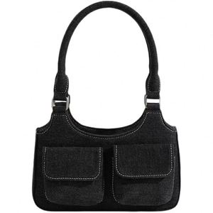 <b>Customized</b> Women Black Cotton Canvas Shoulder Bag Large Capacity Solid Multi Pockets Underarm Tote Bag Reusable Shopping Bag - Product Image 1