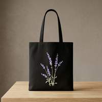 Sac fourre-tout en toile noire avec broderie lavande, fermeture éclair, style minimaliste, sac de voyage pour femme, utilisation toutes saisons