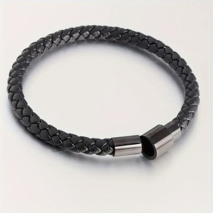 Pulsera de Cuero Trenzado para Hombre con Cierre de Acero de Titanio Negro, Estilo Minimalista, Joyería para Regalo - Product Image 3