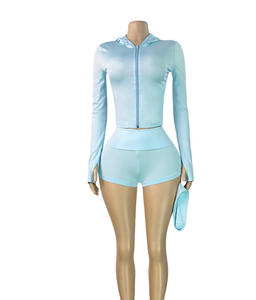 Custom LOGO <strong>Women's</strong> Sets <strong>Long</strong> Sleeve Jackets and <strong>Shorts</strong> Two Piece Set <strong>Women</strong> Clothing with Headband - Product Image 3