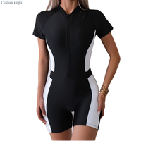 Maillot de bain une pièce modeste pour femme avec logo personnalisé, shorty, manches courtes, rashguard, lignes contrastées, pour snorkeling, surf et sport