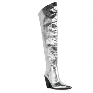 Women Silver Animal Prints Custom Styles Over Knee High <b>Boots</b> Ladies Middle Wedge Heels Shoes Metal Pointed Toe Long Booties - Product Image 4