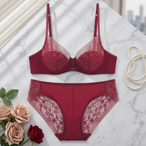 Conjunto de Lencería Elegante de 2 Piezas para Mujer, Talla Grande, con Sujetador con Aros y Braguitas de Cintura Media, en Encaje Floral, Venta al Por Mayor - Product Image 4