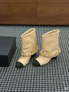 Luxury Women's Mid-Calf High Heel Booties Solid Classic Leather Chain Ankle <b>Boots</b> Gold Summer Autumn Fashion Thermal Breathable - Product Image 4