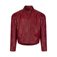 Blouson en cuir vintage rouge court pour homme, personnalisé, avec broderie, col montant et rivets