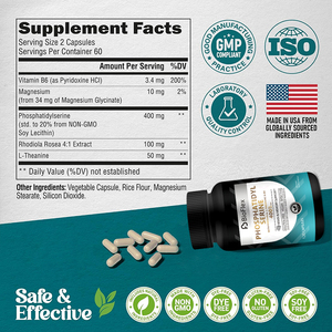 Capsule di Fosfatidilserina 400mg 120pz, Capsule di Glicinato di Magnesio e Vitamina B6, Integratore Alimentare Nootropico per la Salute Cerebrale OEM - Product Image 2