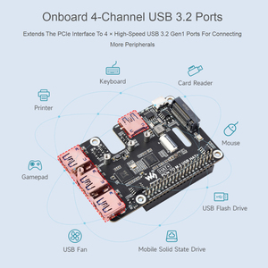 Raspberry Pi 5 PCIe a USB 3.<span class=keywords><strong>2</strong></span> Gen1 e M.<span class=keywords><strong>2</strong></span> cappello supporta protocollo NVMe SSD espande 4 ch porte 3.<span class=keywords><strong>2</strong></span> USB PCIe M.<span class=keywords><strong>2</strong></span> cappello USB + - Product Image 2