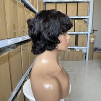 Perruque féminine noire en cheveux humains 100% résistants à la chaleur, coupe féerique, sans adhésif, pour l'été