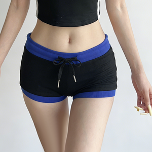 Vintage Color Block Knit Shorts Women Low Waist <b>Drawstring</b> Slim Fit Sports Casual Shorts - Product Image 3