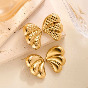Gold Trendy Statement Stud Earrings <b>Women</b> Sculptural Flower Textured Heart Leaf 14K Gold Plated Stainless Steel Exaggerated - Product Image 6