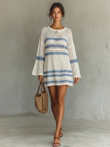 Abito Estivo da Donna con Collo Tondo, a Righe Blu e Bianche, Traforato, a Maniche Lunghe in Maglia (Personalizzabile) - Product Image 3
