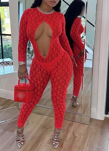 Tutina da donna Sexy a manica lunga senza schienale in stile Jacquard rossa - Product Image 3