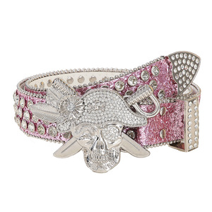 <span class=keywords><strong>Ceinture</strong></span> en cuir PU pour femme, style rétro, avec boucle tête de mort de cowgirl, ornée de strass et de diamants, logo 3D, design de créateur, style cowboy - Product Image 4