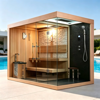 Sauna et Douche Combinés avec Cadre en Bois et Mur en Ardoise Noire pour Maison Résidentielle, Appartement, Bien-être