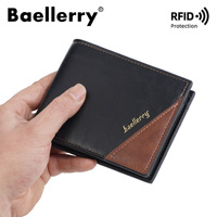 Dompet Kartu Pendek Fungsional Kulit PU Jahitan Minimalis Dua Lipat Baellerry, Dompet Koin Pria, Dompet Rfid Kecil Tipis