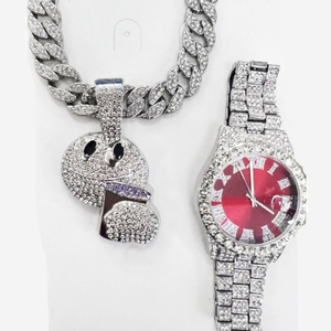 Cổ Phiếu Nhà Máy Hip Hip Rhinestone Kim Cương Thạch Anh Đỏ Xem Với Cuba Chuỗi Vòng Cổ Thời Trang Bộ Đồ Trang Sức - Product Image 3