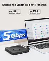 Drive DVD/CD Eksternal USB 3.0 5-in-1 dengan Pembakar & Pembaca LightScribe, Kompatibel dengan Laptop/Desktop PC Mac Windows XP/7/8/10/11