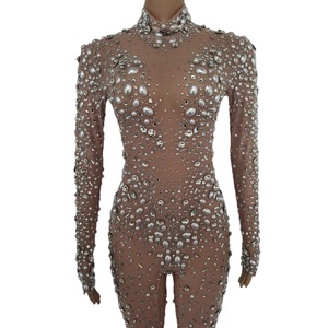 Gemerlap Lengan Panjang Berlian Imitasi Mutiara Payet Tari Telanjang Triko Wanita Bodycon Mesh Bodysuit Wanita <span class=keywords><strong>Prom</strong></span> Klub Jumpsuit Satu Potong - Product Image 1