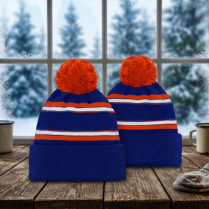 KIVOTECH Bonnet en tricot à carreaux doublé satiné avec motif tête de mort et rayures bleues, bonnet d'hiver unisexe en tricot orange pour adultes - Product Image 3