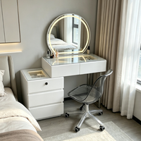 En gros Coiffeuse de chambre contemporaine avec miroir rond à éclairage LED, meuble de rangement multi-tiroirs, chaise de maquillage à roulettes transparentes