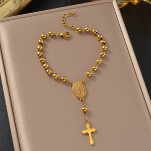 Western Geometric Gold Plated Glossy Ball <b>Rosary</b> Cross Guadalupe Virgin Oval Medal Adjustable 316L Stainless Steel Women's - Product Image 3