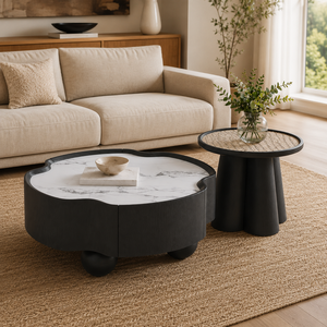 Ensemble <span class=keywords><strong>de</strong></span> tables basses modernes irrégulières avec plateau <span class=keywords><strong>en</strong></span> marbre blanc et <span class=keywords><strong>table</strong></span> d'appoint <span class=keywords><strong>en</strong></span> <span class=keywords><strong>rotin</strong></span> pour salon - Product Image 2