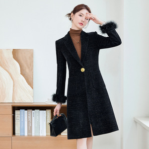 Women's Wool Trench Coat Black Long Elegant High-End Corduroy Thickened Warm Coat - Product Image 1