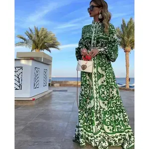 A5448 Stylish Beach Lantern Long Sleeves Stand Collar Dresses Printed Summer Causal Women Maxi Long Dress