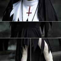 Robe de cosplay de nonne gothique de haute qualité, noire, à ourlet irrégulier, asymétrique, pour fête d'Halloween, avec accessoire de tête