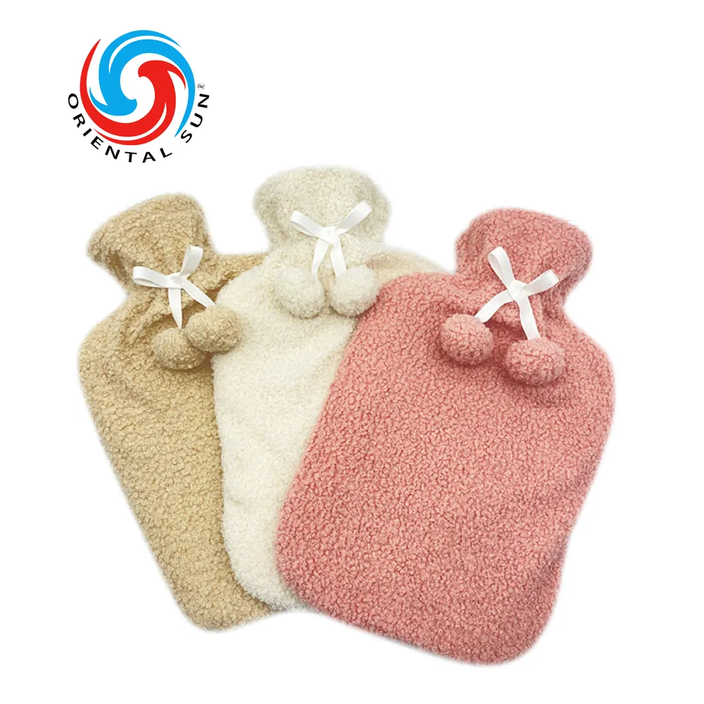 china wholesales manufacture Teddy velvet fabric natural rubber warm bling hot water bottle for winter