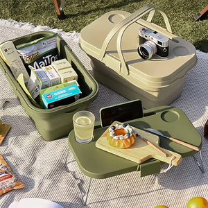 Panier de pique-nique Portable Camping en plein air pliable pique-nique vaisselle panier avec couvercle Table bacs de rangement en plastique - Product Image 1