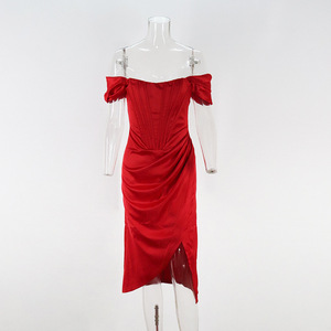 Elegante Abito Lungo da Festa <span class=keywords><strong>Rosso</strong></span> con Spalle Scoperte, <span class=keywords><strong>Vestito</strong></span> <span class=keywords><strong>Midi</strong></span> Asimmetrico con Spacco per Donna, Autunno Inverno, Abito da Club, Vestido, Robe - Product Image 6
