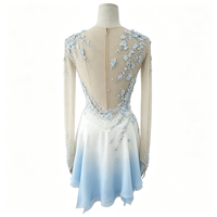 Robe de patinage artistique à manches longues, dégradé blanc et bleu clair, avec strass et maille, pour compétition et spectacle, pour adultes et enfants