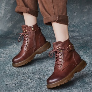 Nouvelles bottines d'hiver de style britannique, élégantes, en cuir de vachette, faites à la main, à bout rond, avec fermeture éclair latérale, talon plat, bottes Martin, semelle souple - Product Image 1