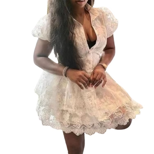 Vestido <span class=keywords><strong>de</strong></span> Verano Retro Elegante con Cuello en V, Bordado <span class=keywords><strong>de</strong></span> <span class=keywords><strong>Encaje</strong></span> Blanco, Corte en A y Botones - Product Image 1