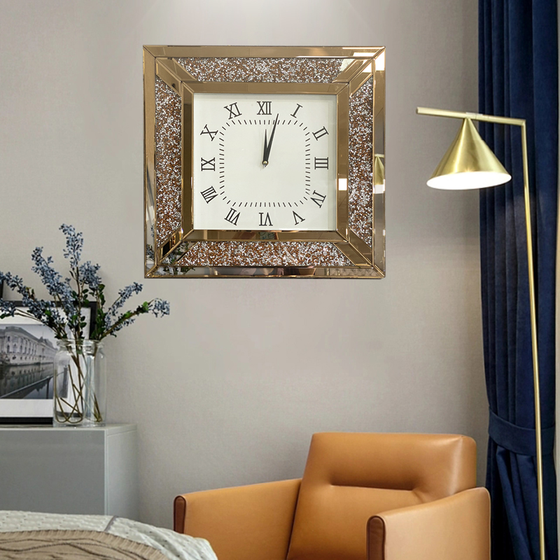 Mode moderne grande horloge murale de luxe décoration de la maison or verre cassé diamant carré miroir cristal horloge murale