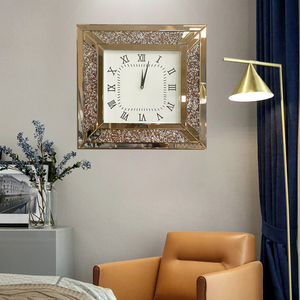 Modern fashion large wall clock luxury home decoration gold glass broken diamond square mirror crystal wall clock