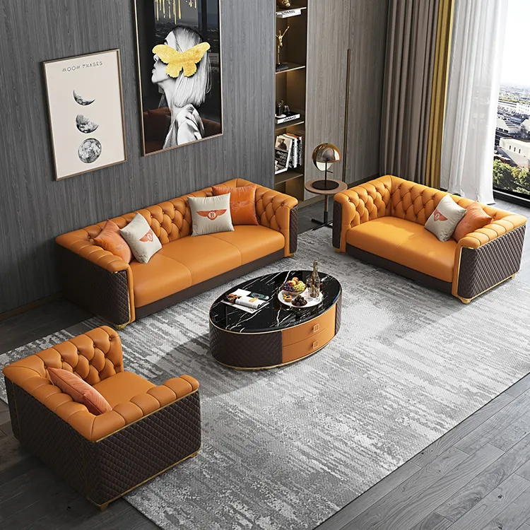 Conjunto de sofá de luxo da itália, sofá de couro com três assentos para sala de estar hotel