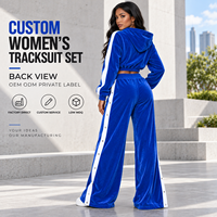 Ensemble de survêtement en velours personnalisé pour femme, veste courte zippée à capuche à manches longues et pantalon large fendu pour tenue de ville quotidienne