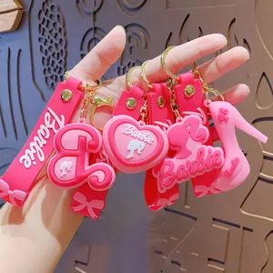 Cute Cartoon Barbiees Bow Knot Keychains Hot Pink Girl Princess Metal & PVC Keychain for Girls Birthday Doll Party Favors H0830