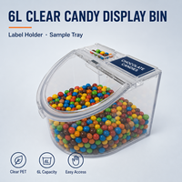 Boîte de présentation de bonbons en PET transparent de 6 L avec couvercle rabattable, porte-étiquettes, plateau d'échantillons pour supermarché, confiserie, comptoir de vente au détail