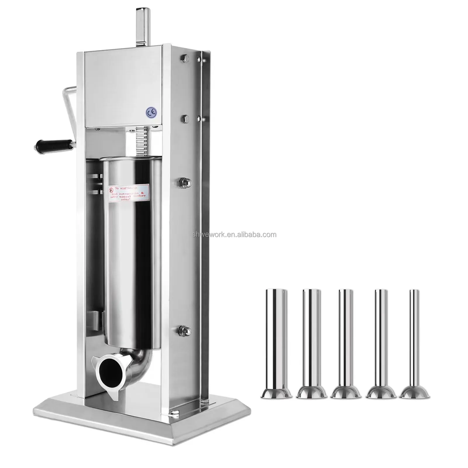 WeWork 3/5/7/10/15L Embutidora de salchichas manual de dos velocidades con 5 tubos de relleno Máquina llenadora de salchichas de acero inoxidable vertical