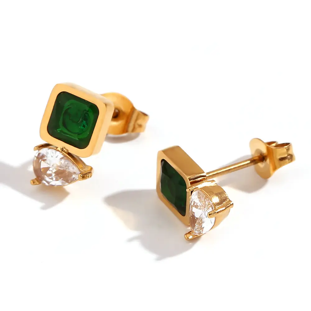 Fanhua Earring Micro inlaid square green zirconium splicing earrings for women fashion stainless steel plated 18K gold earrings