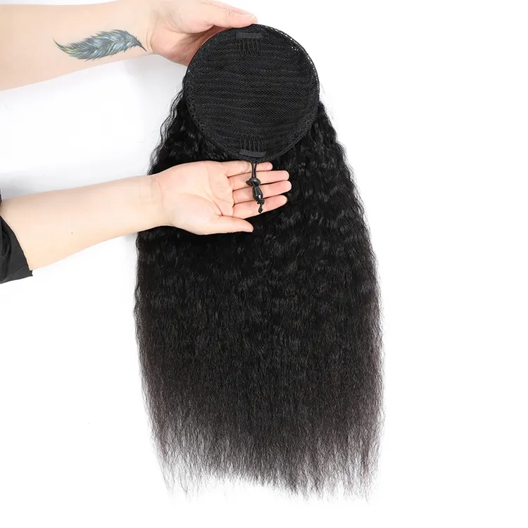 Afro Kinky Ponytail Extensions Human for Black Malaysian Women, Silky Yaki Straight Brazilian Hair 10"-28"