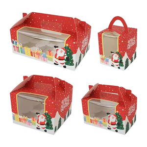 Boîte cadeau en papier rouge de Noël avec fenêtre et poignée, imprimé Père Noël, boîte d'emballage rigide pour bonbons et petits cadeaux - Product Image 1